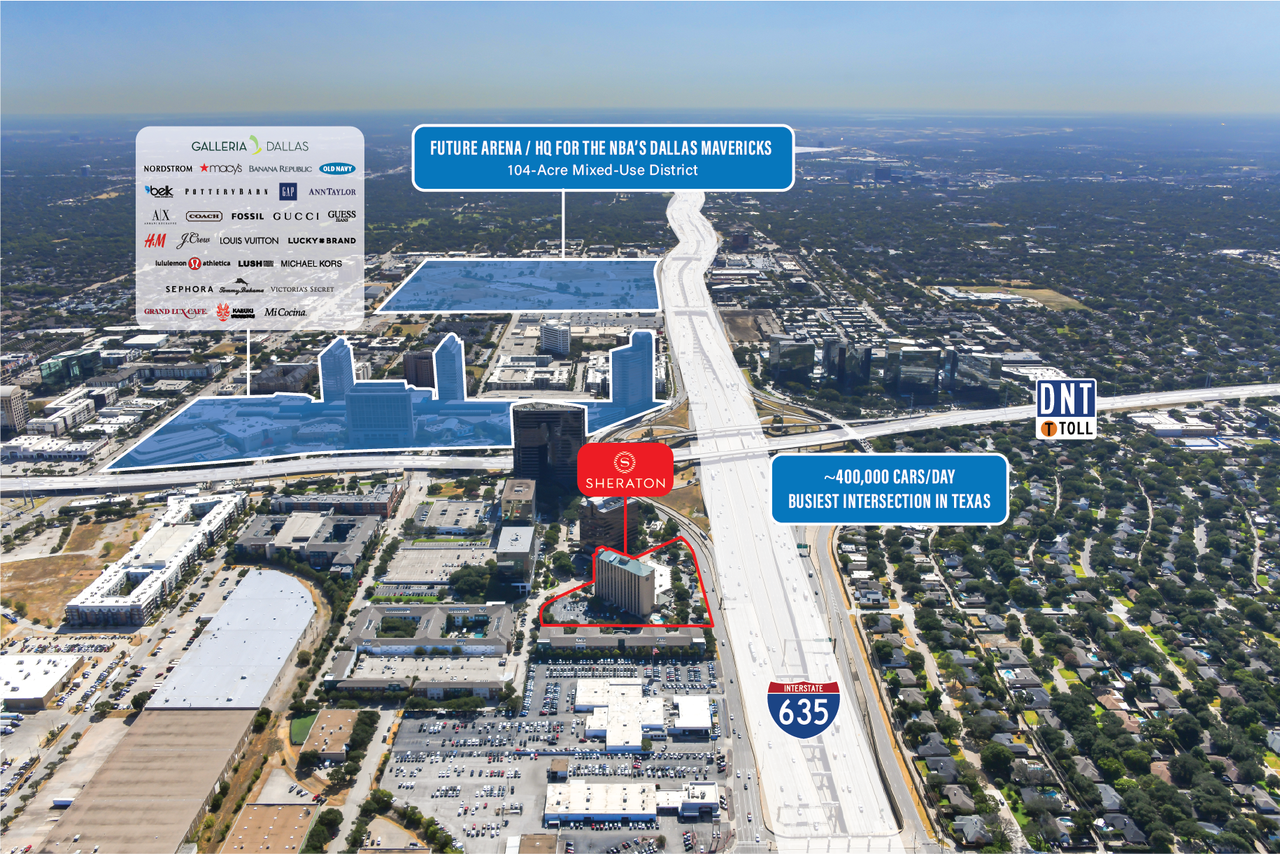 Aerial of the Sheraton, Galleria Dallas and the future Dallas Mavericks arena site at the DNT and I-635 intersection